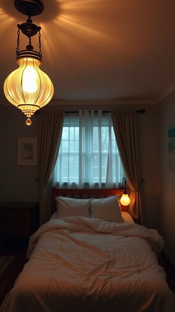 Cozy bedroom with warm lighting and vintage light fixtures