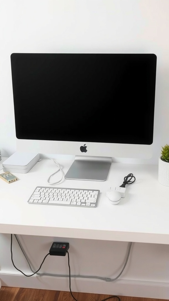 A clean and organized small home office setup featuring a monitor, keyboard, and minimal visible cables.