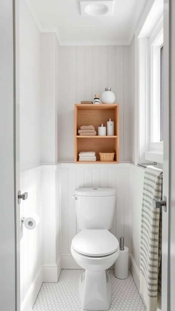 Small guest bathroom with white walls, a wooden shelf, and organized essentials.