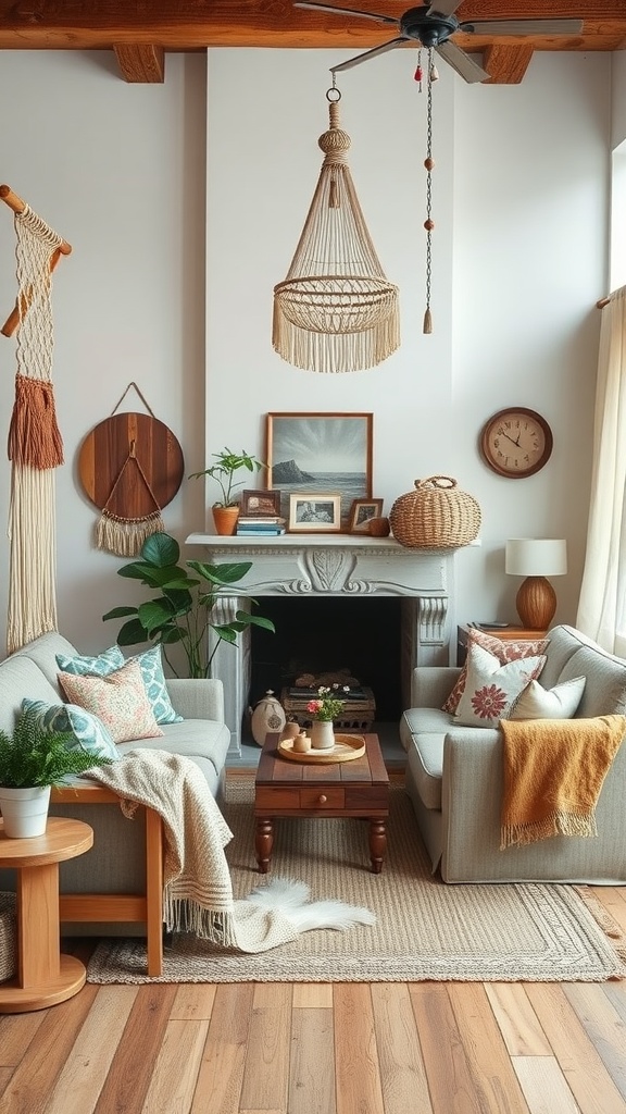 A cozy living room with rustic accents, featuring two sofas, a coffee table, plants, and a decorative hanging light.