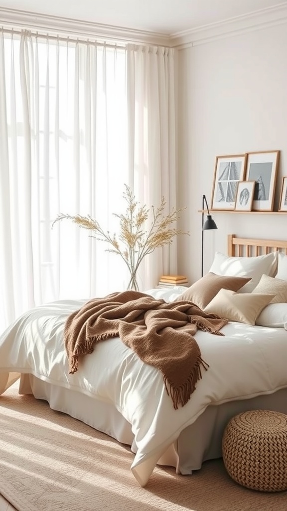 A cozy Scandi Boho bedroom featuring a bed with layered blankets, decorative pillows, a minimalist lamp, and a vase of dried flowers.