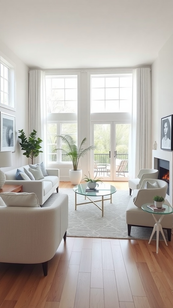 Bright and airy living room featuring Eider White SW 7014 walls, modern furniture, and large windows.