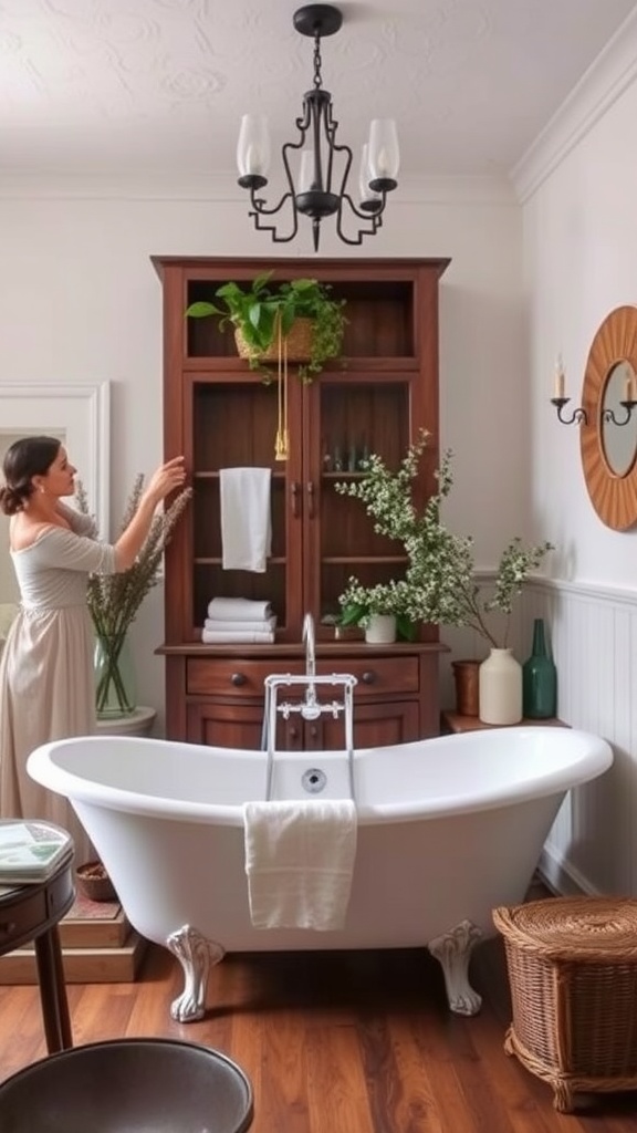 A cozy farmhouse bathroom featuring a freestanding bathtub, wooden cabinet, plants, and a chandelier.