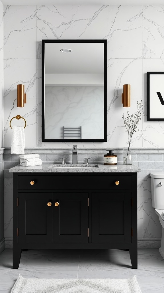 A stylish black bathroom vanity with gold hardware, set against marble walls.