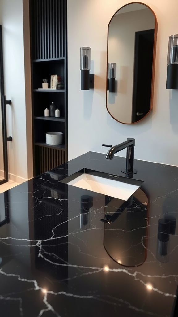 A modern bathroom featuring a black quartz countertop with a white sink and stylish fixtures, showcasing elegance and bold design.