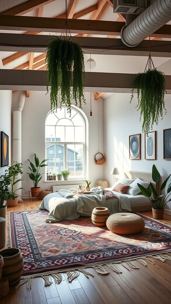 A stylish Boho loft with large windows, hanging plants, a patterned rug, and cozy bedding