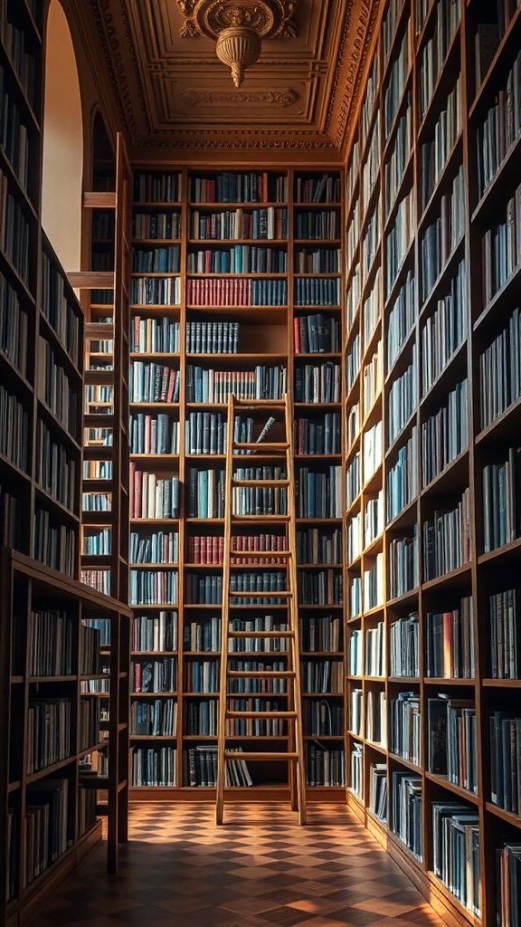 Interior of a cozy home library with tall wooden bookshelves and a ladder.