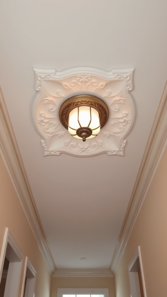 Ceiling medallion with integrated light fixture in a hallway.