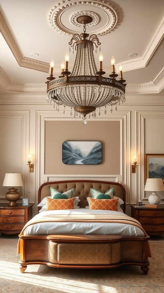 A master bedroom featuring a stunning chandelier, soft lighting, and elegant decor.