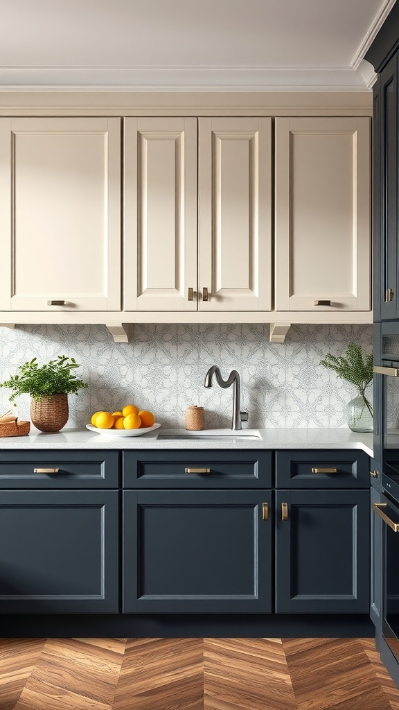 A beautiful kitchen with charcoal lower cabinets and soft cream upper cabinets, featuring brass handles and a patterned backsplash.