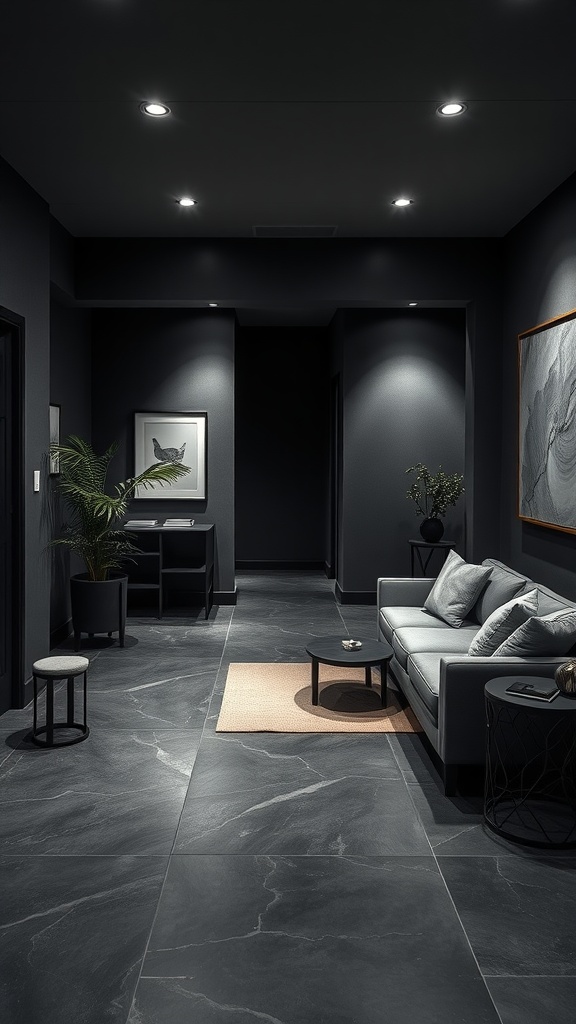 Stylish basement area with charcoal gray walls, a cozy sofa, and modern decor.