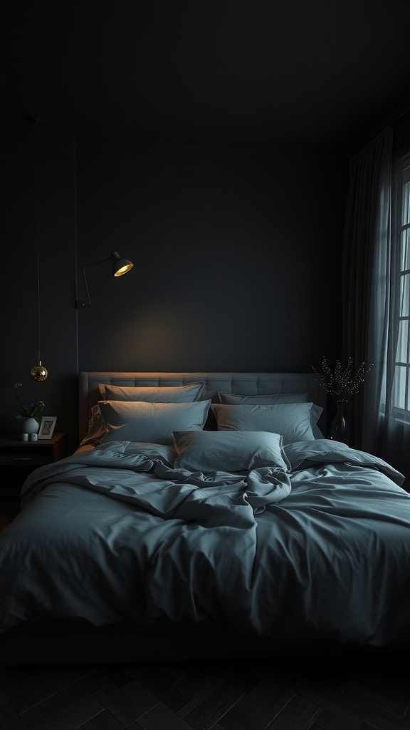 A dark and moody bedroom with a charcoal color scheme, featuring a plush bed with layered gray linens, a stylish lamp providing warm light, and a small plant on the bedside table.