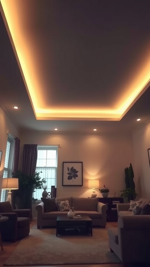 Living room with cove lighting accentuating a low ceiling, featuring soft, warm lights around the perimeter.