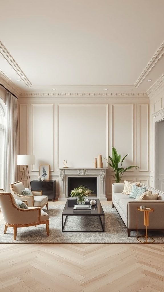 A stylish living room featuring elegant cream walls, detailed moldings, cozy furniture, and a hint of greenery.