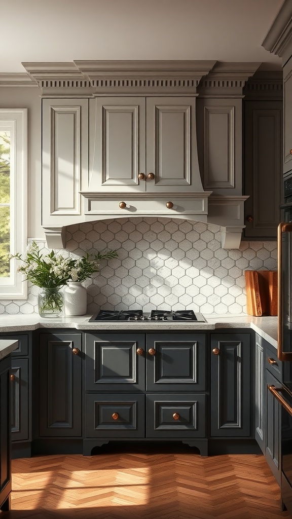 A kitchen featuring elegant crown moldings with light and dark cabinetry.
