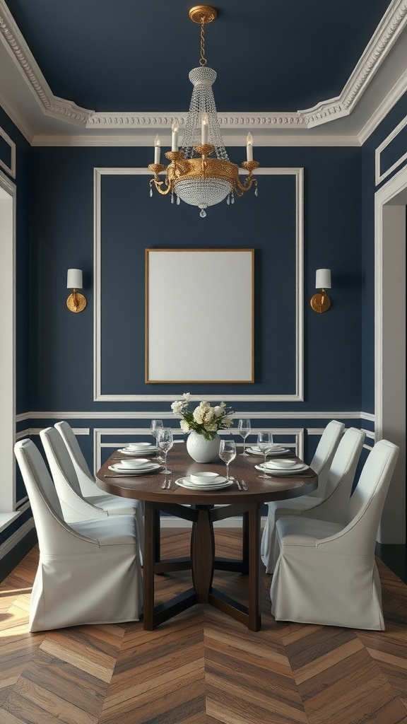 A chic dining room featuring deep navy walls, a chandelier, and a wooden dining table with white chairs.
