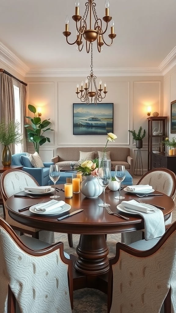 Cozy living room dining room combo with a round wooden table set for dining, elegant chairs, and a stylish chandelier.