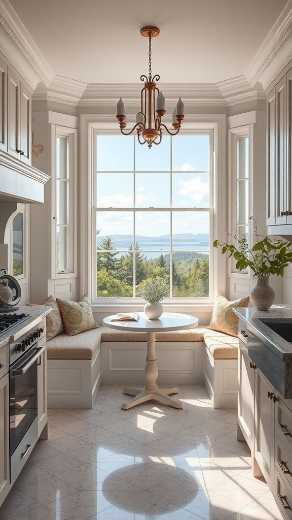 Cozy kitchen nook with a view featuring a round table, built-in seating, and large windows.