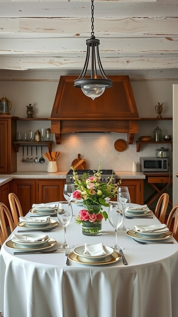 A cozy dining space with a round table set for dinner, featuring a floral centerpiece and elegant tableware, with a rustic kitchen in the background.