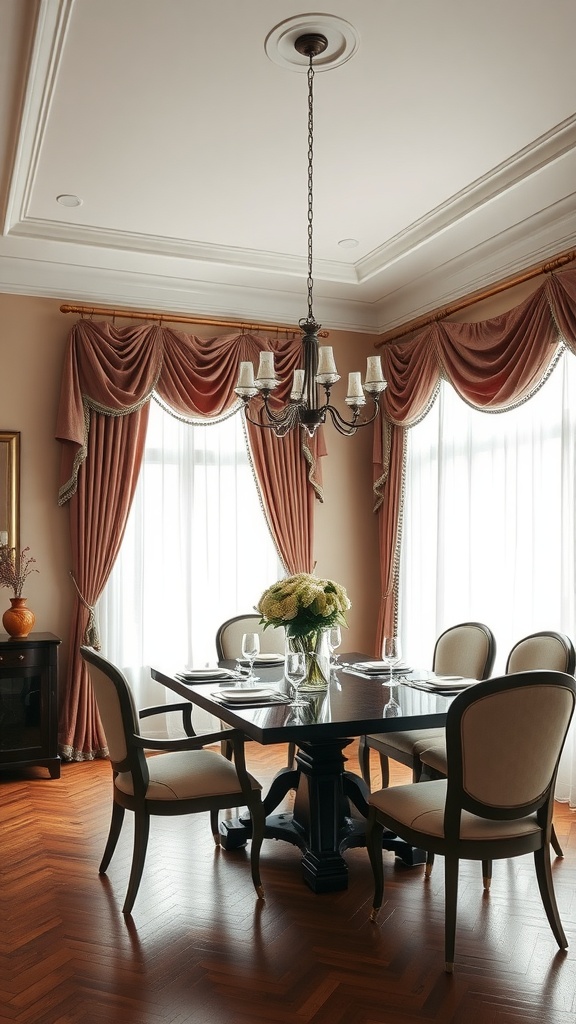 Luxurious Italian dining room featuring elegant drapery and a chandelier.