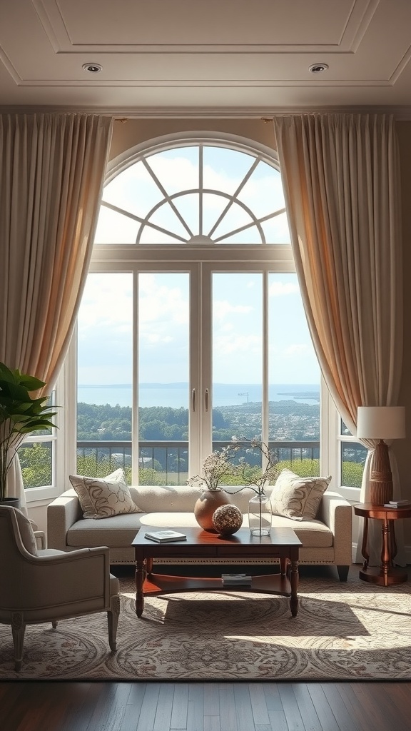 A living room with elegant drapery framing a large window, showcasing a beautiful view.