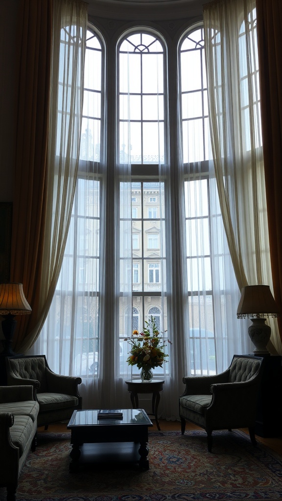 Elegant living room featuring tall, flowing curtains framing bay windows, with classic furniture and a decorative rug.