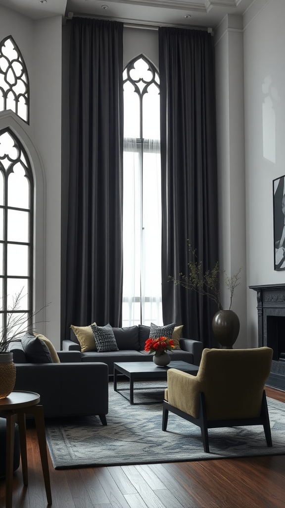 A modern living room featuring Gothic-style windows and elegant drapery, with dark curtains framing light-filled windows, a mix of dark and light furniture, and a coffee table adorned with flowers.