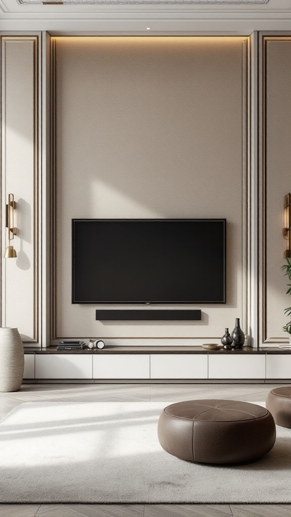 Modern luxury living room with fabric wall panels, sleek TV, and stylish decor.