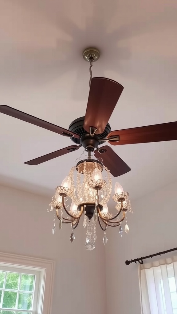A stylish fandelier featuring a chandelier design with crystal accents and fan blades, ideal for low ceiling lighting.