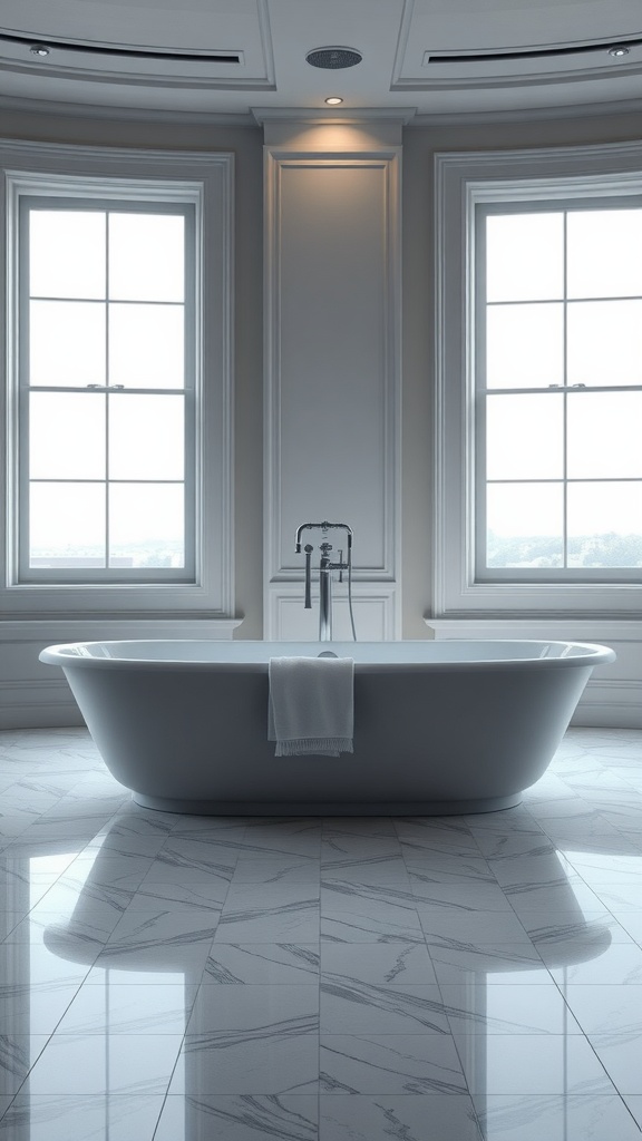 A modern luxury bathroom featuring a freestanding tub with large windows and marble flooring.