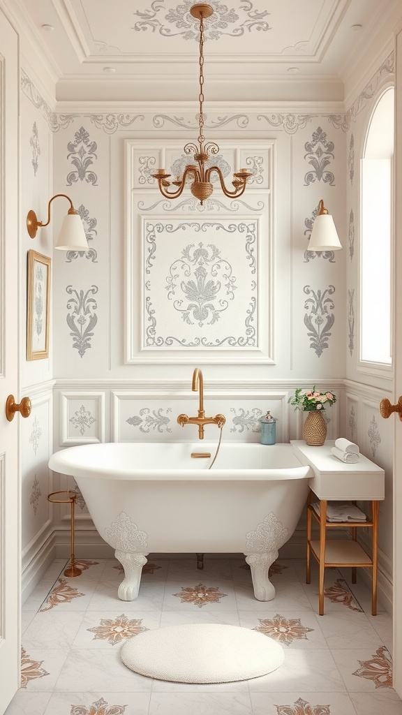 Elegant French boudoir bathroom with intricate tiled floor, freestanding tub, and gold fixtures