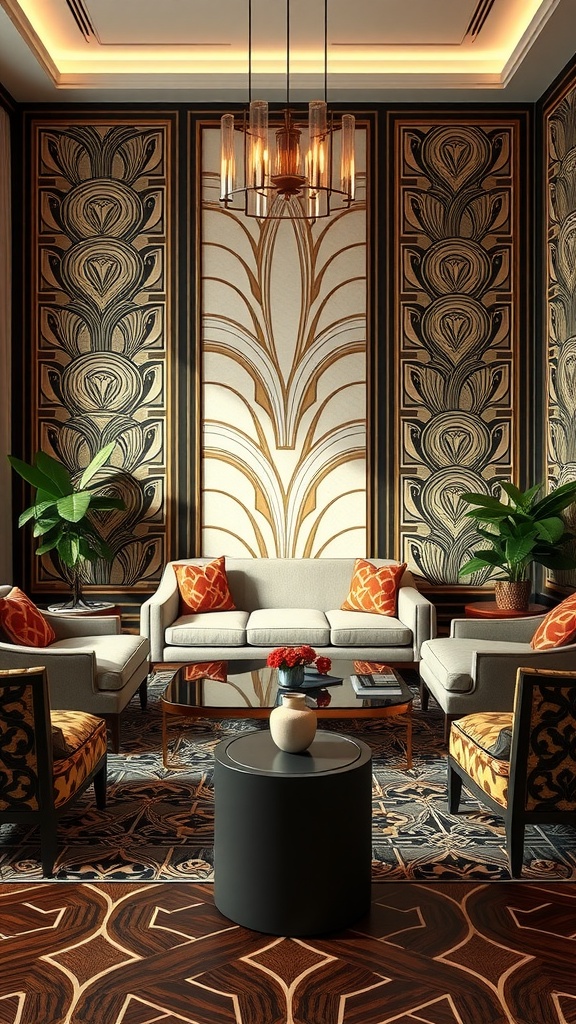 Living room featuring Art Deco style with geometric patterns and contemporary decor