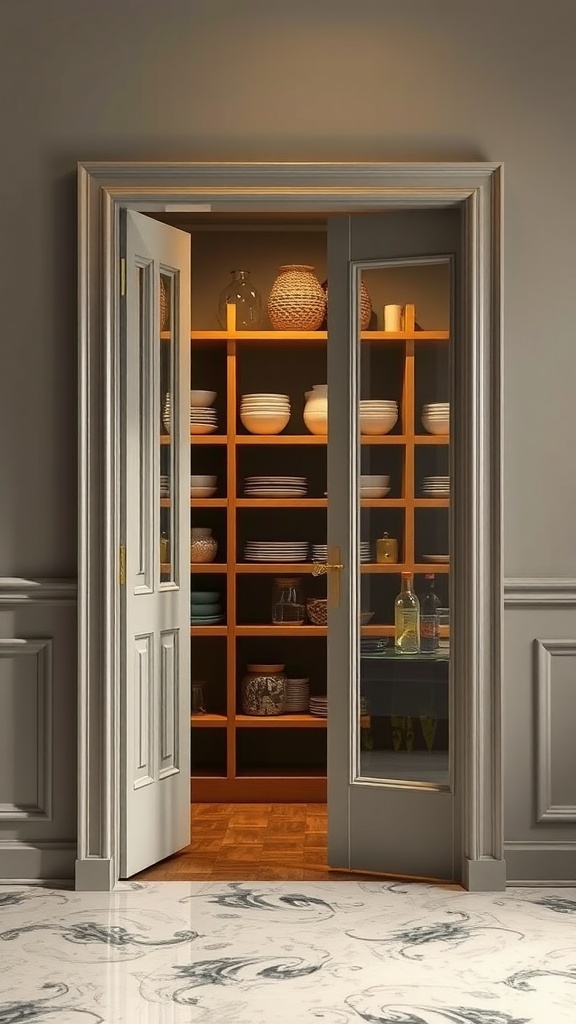A stylish pantry door with glass panels, revealing neatly arranged shelves inside.