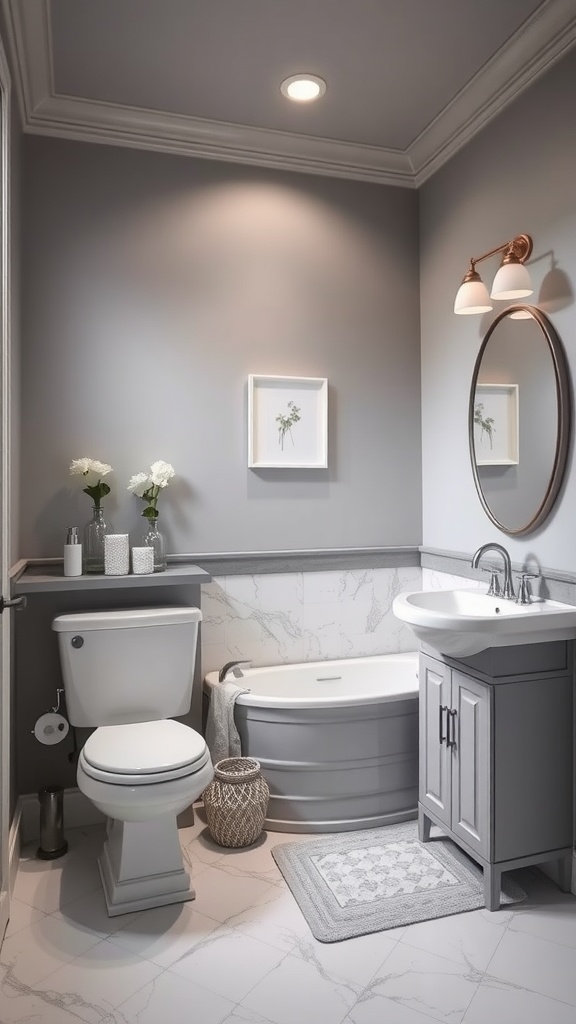 Gray and white bathroom featuring a modern design with elegant fixtures and decor.