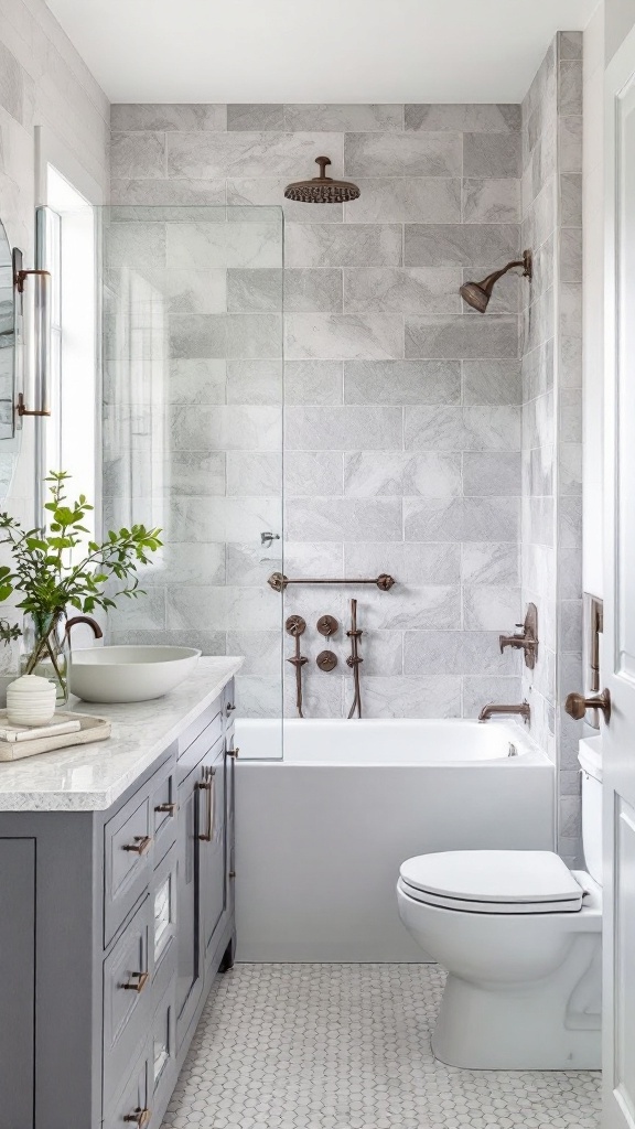 A modern bathroom featuring gray and white tile combinations, with a textured gray wall, patterned gray and white floor tiles, and sleek fixtures.