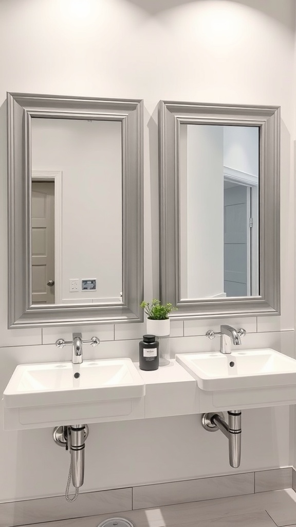 Gray framed mirrors above double sinks in a modern bathroom