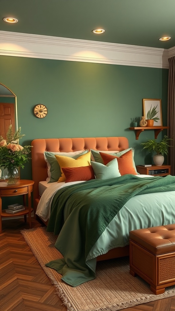 A cozy bedroom featuring green walls and a terracotta headboard, adorned with colorful pillows and a knit throw.