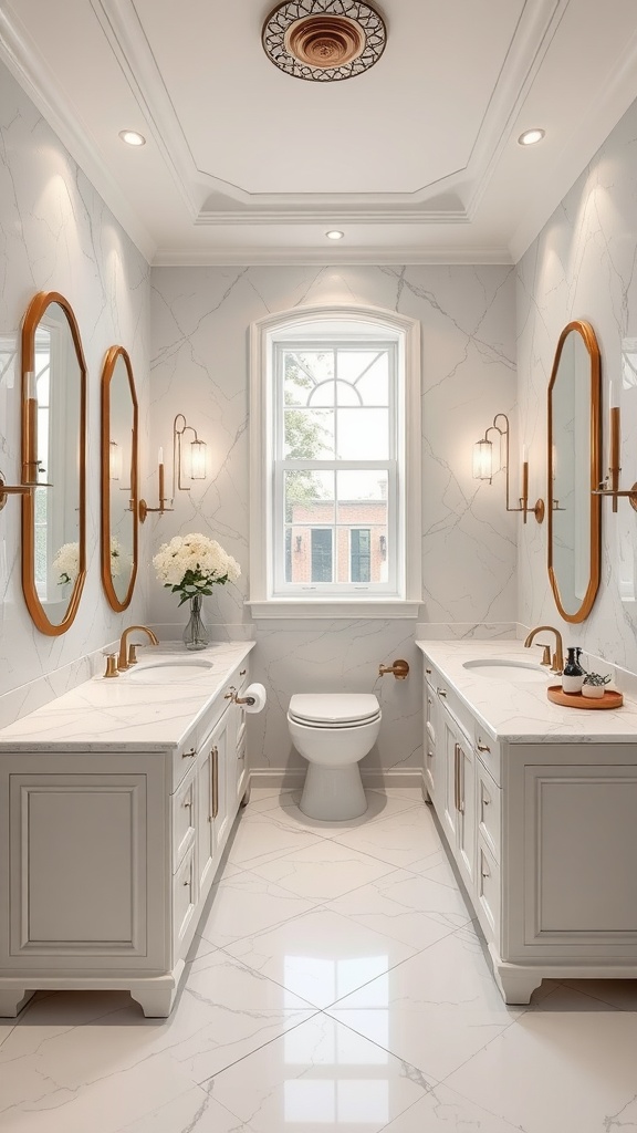 A stylish his and hers bathroom setup with dual vanities, marble countertops, and warm gold fixtures.