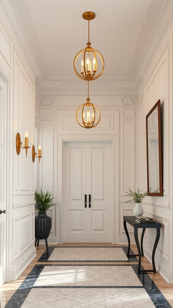 A beautifully designed hallway showcasing Elegant Ivory walls with stylish lighting fixtures and a minimalist decor.