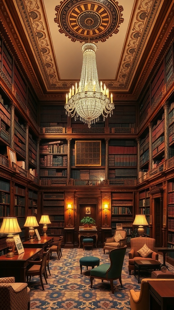 A luxurious library featuring a chandelier, wooden shelves filled with books, and cozy seating.