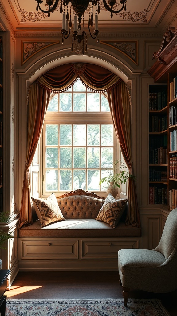 Elegant library with a luxurious velvet window seat, featuring plush cushions and warm lighting.