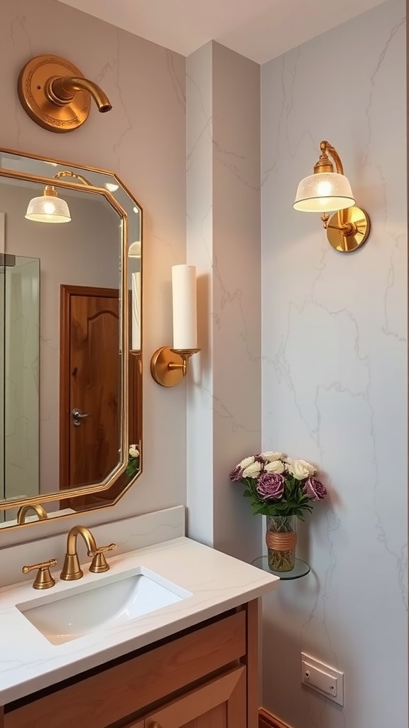 A stylish bathroom with golden lighting fixtures, a unique mirror, and a vase of flowers.