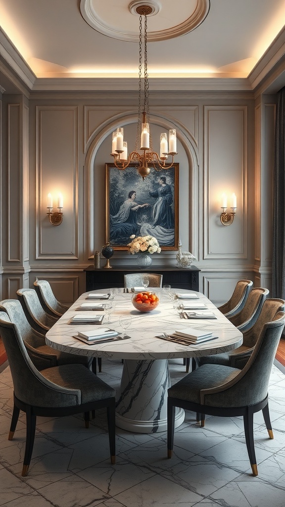 Luxurious dining room with a marble table and elegant decor