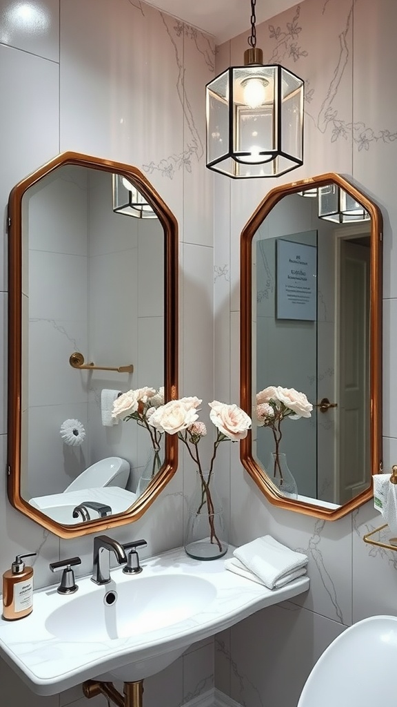 A bathroom featuring two octagonal mirrors with wooden frames, a marble sink, and a pendant light, decorated with flowers.