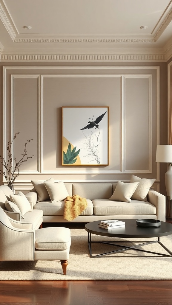Elegant living room featuring molding, soft furniture, and wall art