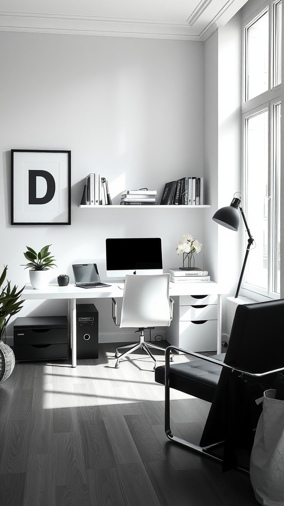 Home office with monochrome aesthetic featuring a white desk, modern chair, and plants