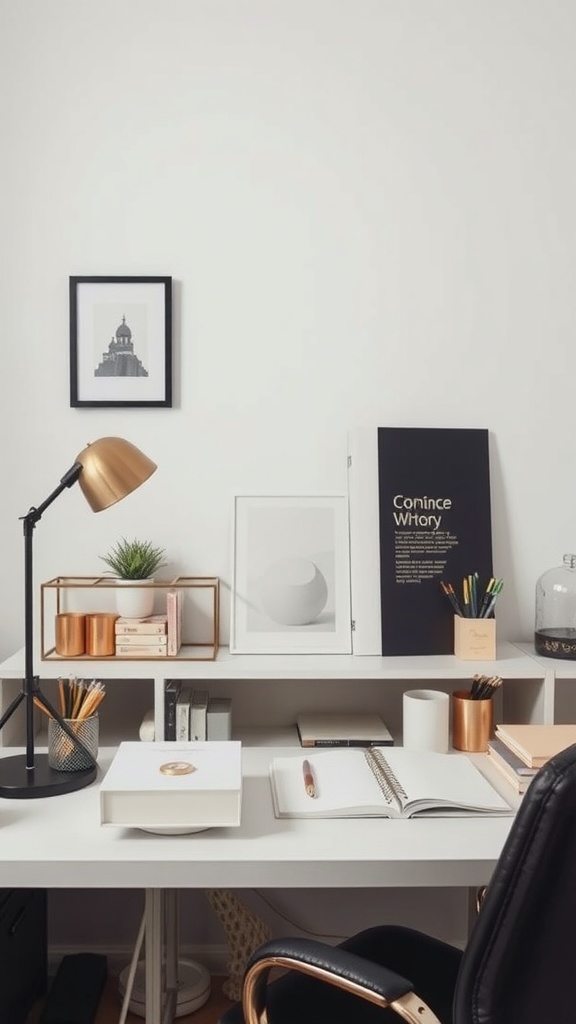 A stylish small home office with gold accents and organized office supplies