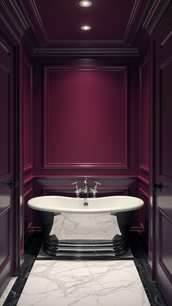 A luxurious bathroom featuring plum walls, a white bathtub, and marble flooring.