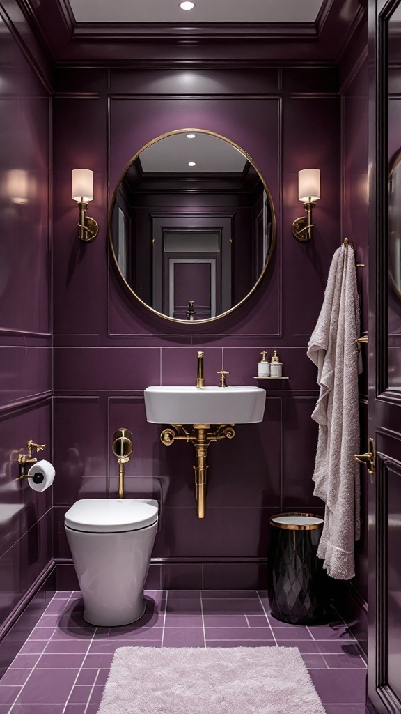 A small bathroom showcasing elegant plum walls with gold accents and white tiles.