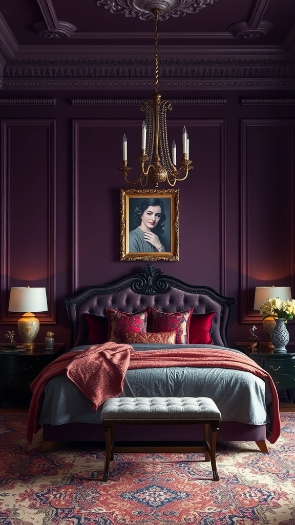 A dark and moody bedroom with shadowy plum walls, elegant chandelier, and luxurious bedding.